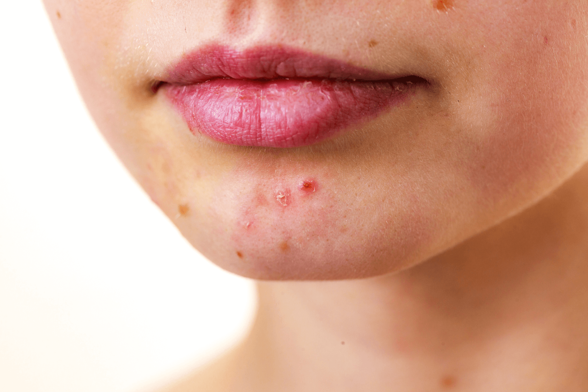  a woman with signs of skin purging on her chin 
