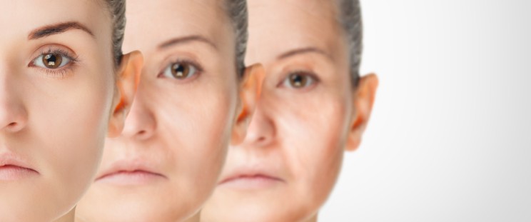 Three close up shots of a woman that represent the aging process